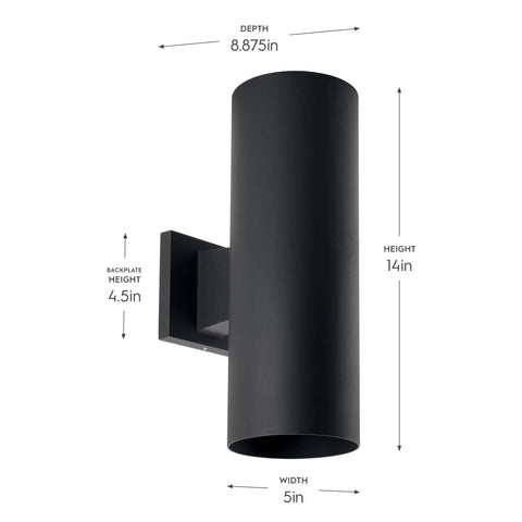 5 Inch Cylinder Outdoor LED Wall Sconce With 2 Lights Up And Down, Slick Aluminum Black Wall Mount Lighting front view dimensions
