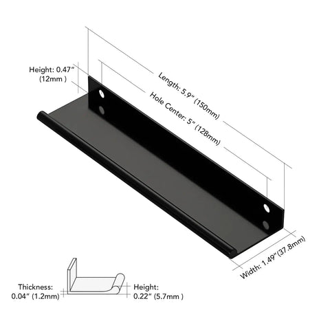 Matte Black 5 Inch Finger Edge Cabinet Pulls 10 Pack for Kitchen Cabinets and Dresser Drawers, 128mm Hole Center, dimensions shown