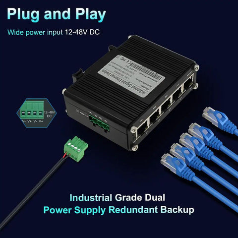 Tough Industrial Five Port Gigabit Ethernet Switch With Five RJ45 Ports 10 100 1000 Mbps Din Rail Mount And Wall Mounts Included.