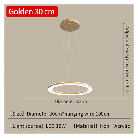 Kitchen LED s for Dining Room Modern Lights for Living Room Golden Circle Pendant Lights Home Design Lighting Indoor, Golden 30 cm, Iron and Acrylic.
