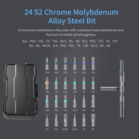 24 S2 chrome molybdenum alloy steel bits with a detachable ratchet handle, part of the 24-In-1 Magnetic Screwdriver Set With Detachable Ratchet Handle, Ultra Portable Compact Repair Kit For Furniture, Laptops, Electronics And Bikes, Ergonomic Grip And Extendable Shaft For Quick DIY Fixes, displayed alongside a black carrying case.