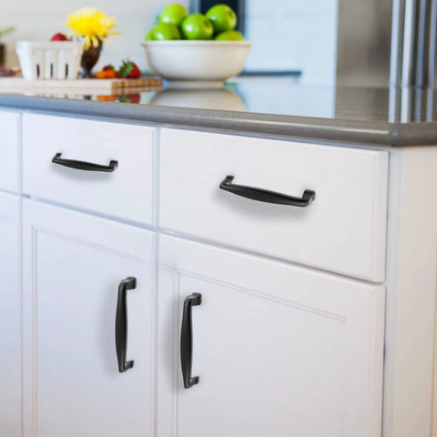 10 Pack 3 3/4 Inch 96mm Matte Black Cabinet Pulls For Modern Kitchen Cabinets Vanity And Wardrobe installed on white drawers