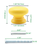 Premium Wooden Cabinet Knobs Set Of Five Modern Round Drawer Pulls For Kitchen Cupboards And Dressers, Slick Yellow Mushroom Handles With Sturdy Mounting Hardware, Clean Home Refresh, showing dimensions and screws.