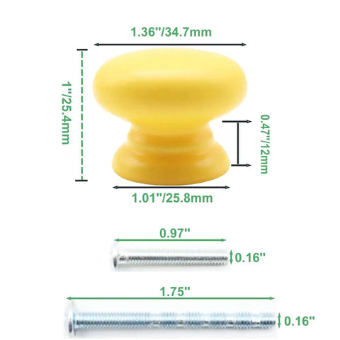 Premium Wooden Cabinet Knobs Set Of Five Modern Round Drawer Pulls For Kitchen Cupboards And Dressers, Slick Yellow Mushroom Handles With Sturdy Mounting Hardware, Clean Home Refresh, showing dimensions and screws.