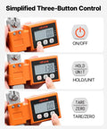 Digital Crane Scale 1100 Lbs 500 Kg Capacity With Cast Aluminum Case LCD display showing three options: On/Off, Hold/Unit, and Tare/Zero.