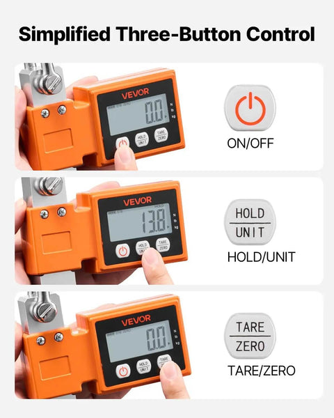 Digital Crane Scale 1100 Lbs 500 Kg Capacity With Cast Aluminum Case LCD display showing three options: On/Off, Hold/Unit, and Tare/Zero.