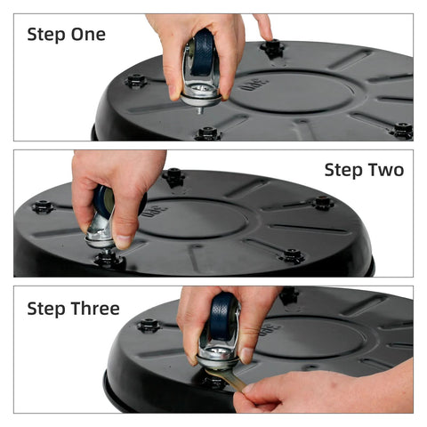 Assembly steps for Heavy Duty Plant Caddy With Universal Wheels 3 Pack Black Round Plant Stand Trolley with frosted non-slip tray.