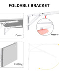 Diagram showing White Folding Shelf Brackets 20 Inch Heavy Duty L Shaped DIY Collapsible Shelf Brackets for Workbench.