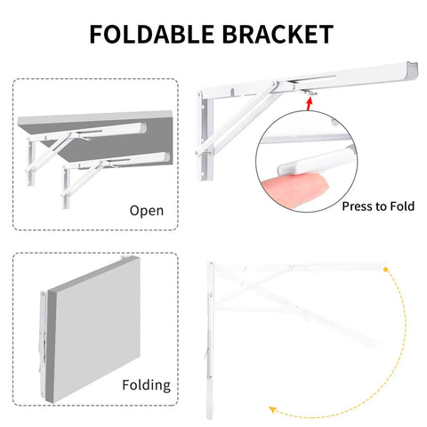 Diagram showing White Folding Shelf Brackets 20 Inch Heavy Duty L Shaped DIY Collapsible Shelf Brackets for Workbench.