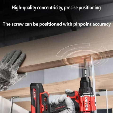 20V Brushless Cordless Drill Driver 55Nm Torque 10Mm Chuck With 2X5Ah Batteries in use drilling a screw into wood.