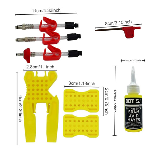 Bike Brake Bleed Kit For All SRAM Series With Metal Adapters And 60ml Dot 5.1 Fluid Components Displayed