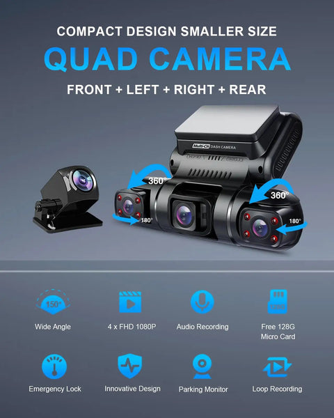 360 Degree Four Channel Dash Cam With Front Rear Left And Right Cameras For All Around Coverage Car Dash Camera Display
