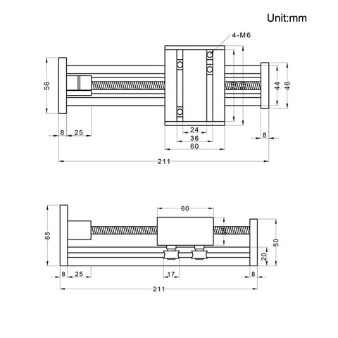 Technical diagram of 100mm Travel Linear Rail Guide SFU1605 Ballscrew With NEMA17 Stepper Motor