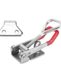 Beefy Heavy Duty Adjustable Toggle Latch Clamp in stainless steel with red handle, showing components for secure installations.