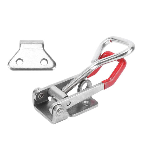 Beefy Heavy Duty Adjustable Toggle Latch Clamp in stainless steel with red handle, showing components for secure installations.
