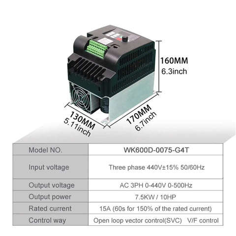Industrial Grade 440V 11KW Three Phase Input And Output VFD Variable Frequency Drive For Precise Motor Speed Control Inverter 10HP 7.5kW, 130x170x160mm