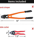 14 Inch Hand Held Wire Rope Crimping Tool Swager For Aluminum And Copper Sleeves Ferrules Built Tough One Sixteenth To One Eighth Inch Cable Railing End Fittings With Cutter CT03, showing crimper and cutter dimensions