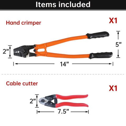 14 Inch Hand Held Wire Rope Crimping Tool Swager For Aluminum And Copper Sleeves Ferrules Built Tough One Sixteenth To One Eighth Inch Cable Railing End Fittings With Cutter CT03, showing crimper and cutter dimensions