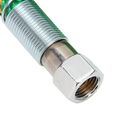 Close-up of connector on heavy duty silicone steam hose for irons, 9.8 ft middle pressure, green, pro grade durability.