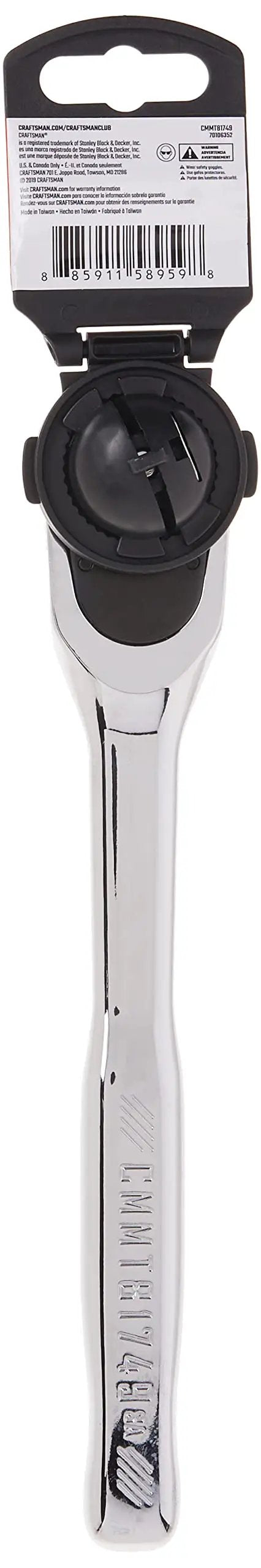 Half Inch Drive 72-Tooth Pear Head Ratchet Wrench With Chrome Finish, minimal arc swing, visible packaging and markings for identification.
