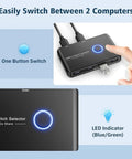 USB 3.0 Switcher For Two Computers Share Four USB Devices Like Mouse Keyboard Printer And Scanner Across Mac Windows Linux No-Fuss Plug-and-Play Hub Includes Two Cables with LED indicator and button.