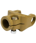 Close-up of Genuine Replacement Yoke 1-1/2-23 Spline IC for Rotary Cutter, bolt-on fit for lawn mower attachments, yellow metal finish.