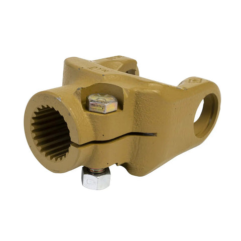 Close-up of Genuine Replacement Yoke 1-1/2-23 Spline IC for Rotary Cutter, bolt-on fit for lawn mower attachments, yellow metal finish.