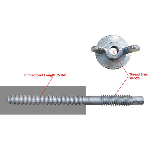 25 Pack 1/4-20 X 2-1/4 Inch Hurricane Anchor Kits For Window Shutter Panel Mounting And Fastening, Weather Resistant Steel Construction, Includes Washered Wing Nuts, Anchor Bolts, Thread Protectors And Driving Tool. Image showing threaded anchor bolt and washered wing nut in steel construction.