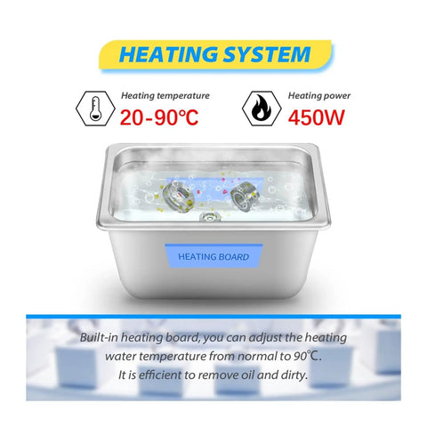 Top Shelf Ultrasonic Cleaner 30L Tank With Degas Tech Adjustable Heat Control showing heating system features.