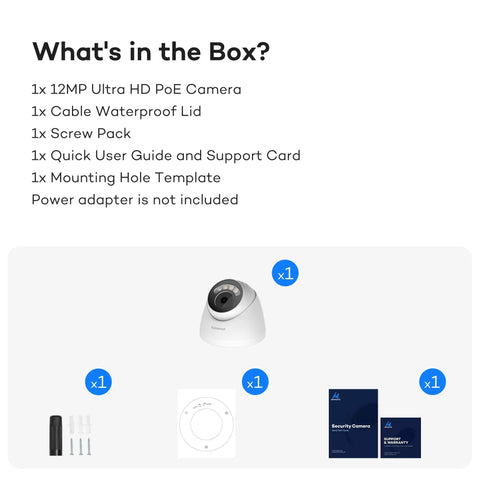 6K 12MP PoE IP Security Camera With Two Way Talk And Smart AI Human Vehicle Detection For Crisp Surveillance Video Color Night Vision With Built In Spotlight And 123-Degree Lens To Lock Down Your Property Day Or Night, with accessories like waterproof lid and screw pack.