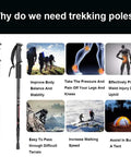 Ultra Lightweight Collapsible Trekking Poles for Hiking benefits, showing aluminum poles and advantages in body balance and terrain.