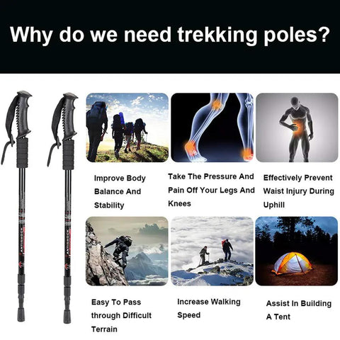 Ultra Lightweight Collapsible Trekking Poles for Hiking benefits, showing aluminum poles and advantages in body balance and terrain.