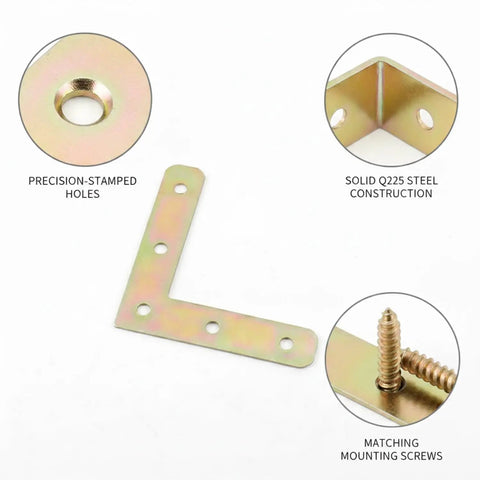 Close-up of 2.76 Inch Steel Right Angle Connector Bracket For 90 Degree Furniture Joints showing precision-stamped holes and screws.