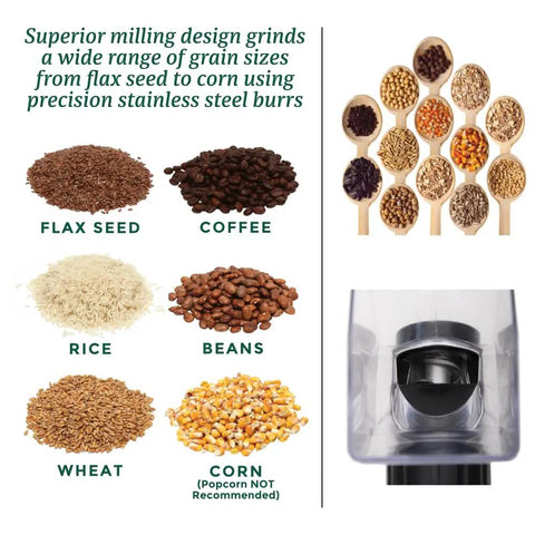 Image showing various grains like flax seed, coffee, rice, beans, wheat, and corn with a part of a grain mill.