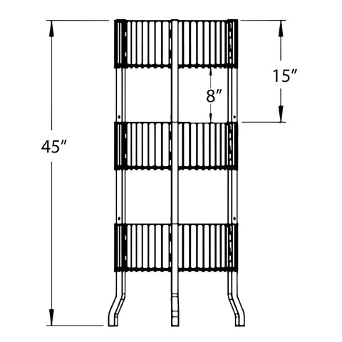 Technical drawing of a Three Tier Round Wire Dump Bins Display Stand For Retail Floors, 18 Inch Bins, 45 Inch Tall.