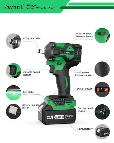 Cordless Brushless Impact Wrench Kit With 650 Nm Torque Half Inch Drive Two Batteries Beefy Compact Yet Powerful Tire And Home Tool