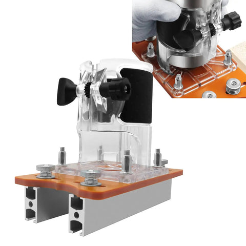 Tough As Nails Aluminum Palm Router Base 2 In 1 Compact Trimmer Bracket for 65Mm tools, showing detailed setup with adjustable arm.