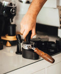 Portafilter Holder And Tamping Station For Espresso, 304 Stainless Steel With Silicone Espresso Holder Tamper Stand Fits 58mm Portafilters, Stable Non Slip Base, Black Pro Grade Daily Espresso Routines in use on countertop
