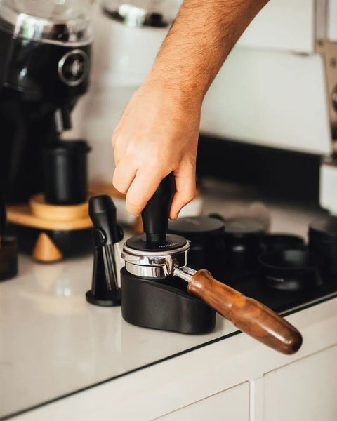 Portafilter Holder And Tamping Station For Espresso, 304 Stainless Steel With Silicone Espresso Holder Tamper Stand Fits 58mm Portafilters, Stable Non Slip Base, Black Pro Grade Daily Espresso Routines in use on countertop