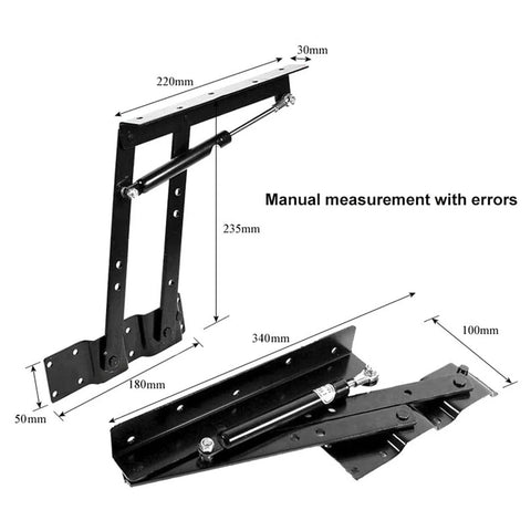 Front and side view of 2 pairs of black hydraulic lift hinges for coffee tables, heavy-duty home hardware.