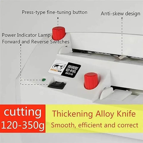 Electric Business Card Cutter With Chamfered Edges And Smooth Nine Blade Action Includes Fifty Matte Cards features switches and indicator