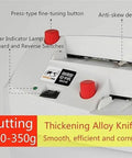 No Sweat Electric Business Card Cutter Machine With Hassle Free Automatic Nine Blade Trimming And Precision Chamfering Finish Includes Fifty Premium Matte Cards For Fast Small Biz Production And Weekend Crafting Sessions showing press-type fine-tuning button and power lamp.