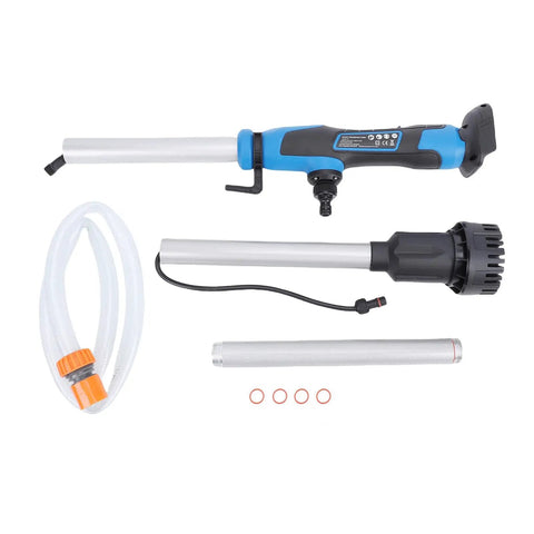 Cordless Stick Water Transfer Pump With Reinforced Aluminum Abs Body For Portable Sump Draining 36 Liters Per Minute Speed 13000 Rpm Motor parts including hose and fittings.