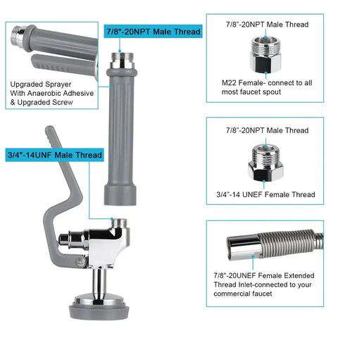 Components of 60 Inch Flexible Stainless Pre Rinse Hose With Spray Valve Kit for Commercial Kitchen Faucets shown with fittings and threads.