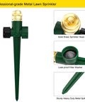 All Metal Lawn Sprinkler System, 2 Pack Auto Yard Sprinklers On Spike Base, Brass Head And Zinc Alloy Body, 360 Degree Coverage