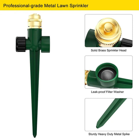 All Metal Lawn Sprinkler System, 2 Pack Auto Yard Sprinklers On Spike Base, Brass Head And Zinc Alloy Body, 360 Degree Coverage