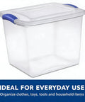 27 Quart Clear Plastic Storage Bin With Lock Down Latching Lid Stackable Organizer Tote For Home Clutter Control shown with blue handle.