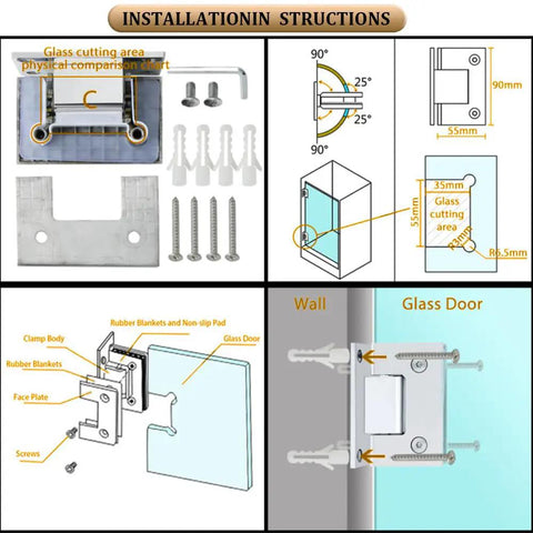 Glass Shower Door Hinge 90 Degree For Bathroom Black Finish Heavy Duty Shower Hardware With Rubber Guard To Protect Glass No Hassle Install Pro Grade Quality 1 Pack installation diagram with glass cutting measurements
