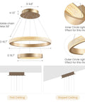 Modern Led Ring Chandelier With Gold Finish Aluminum Rings Crystal Acrylic Pendant Lights For Dining Room Living Room And Foyer, diagram showing dimensions and adjustable chain.