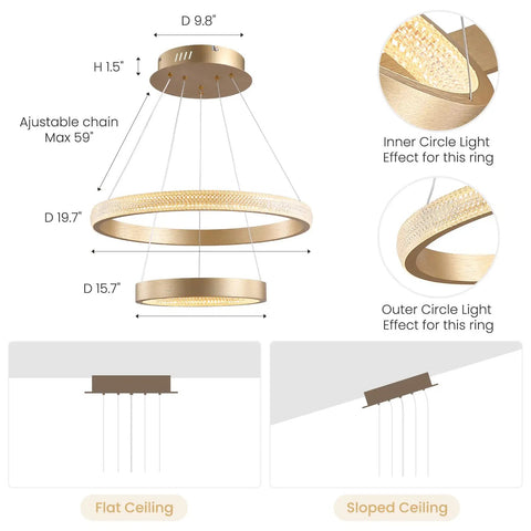 Modern Led Ring Chandelier With Gold Finish Aluminum Rings Crystal Acrylic Pendant Lights For Dining Room Living Room And Foyer, diagram showing dimensions and adjustable chain.